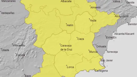 Aviso amarillo por fuertes lluvias para este mi&eacute;rcoles en la Regi&oacute;n de Murcia (foto: Aemet)