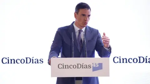 Pedro S&aacute;nchez, durante su intervenci&oacute;n en el acto de celebraci&oacute;n del 45&ordm; aniversario del peri&oacute;dico econ&oacute;mico Cinco D&iacute;as en el Teatro Real, en Madrid.