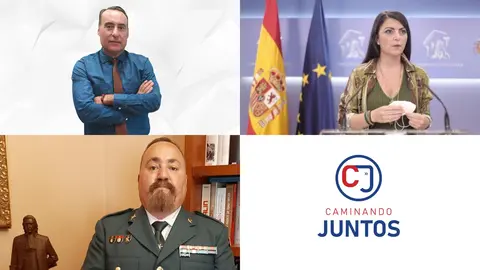 De izq. a der. y de arriba a abajo: Antonio de Miguel Ant&oacute;n, n&uacute;mero uno por Murcia; Macarena Olona, l&iacute;der del partido; Alejandro Urteaga de Manuel, guardia civil herido por ETA que va como suplente, y logo del nuevo partido Caminando Juntos