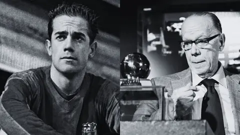 A la izquierda, Luis Su&aacute;rez en sus tiempos de jugador del Barcelona; a la derecha, Su&aacute;rez, ya retirado, y junto a su Bal&oacute;n de Oro