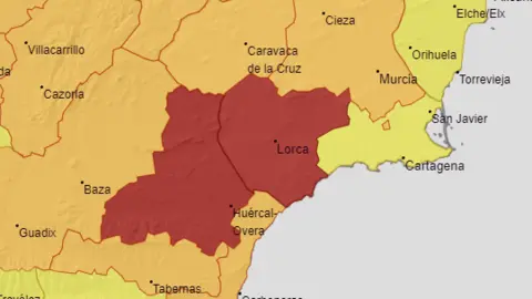 Aviso rojo en el Guadalent&iacute;n para este mi&eacute;rcoles 12 de julio (foto: AEMET)