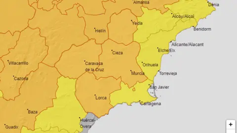 Mapa de avisos de AEMET en la Regi&oacute;n de Murcia este martes 18 de julio