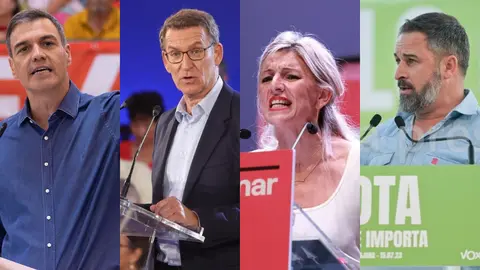 De izq.a der., los candidatos Pedro S&aacute;nchez (PSOE), Alberto N&uacute;&ntilde;ez Feij&oacute;o (PP), Yolanda D&iacute;az (Sumar) y Santiago Abascal (Vox)