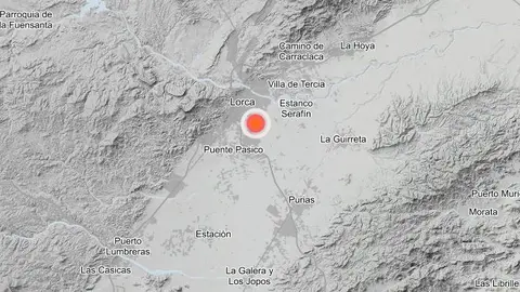Punto exacto en el que se ha producido el terremoto de este mi&eacute;rcoles en Lorca (foto: IGN)