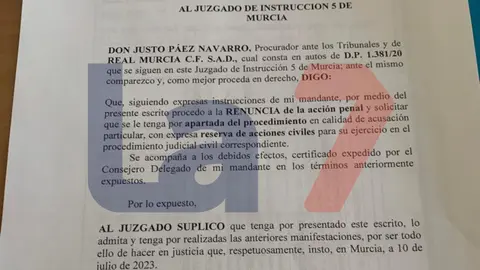 Captura del escrito presentado por el Real Murcia