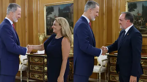 El Rey Felipe saluda a los representantes de Coalici&oacute;n Canaria (izq.) y UPN