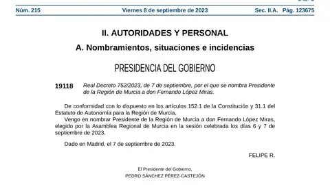 Documento &iacute;ntegro del BOE que publica el Real Decreto del nombramiento de L&oacute;pez Miras como presidente de la Regi&oacute;n (foto: BOE)