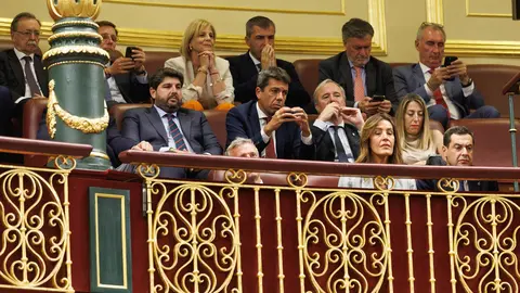 El presidente de la Regi&oacute;n de Murcia y presidente del PP de la Regi&oacute;n de Murcia, Fernando L&oacute;pez Miras; el presidente de la Generalitat Valenciana, Carlos Maz&oacute;n, y el presidente del Gobierno de Arag&oacute;n, Jorge Azc&oacute;n, durante la primera sesi&oacute;n del debate de investidura de Feij&oacute;o (foto: EP)