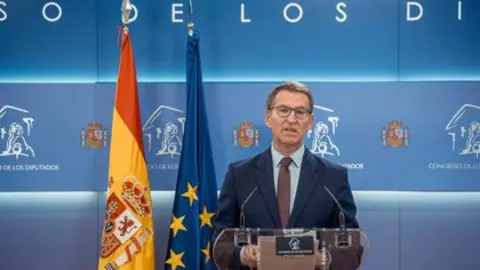 El l&iacute;der del PP, Alberto N&uacute;&ntilde;ez Feij&oacute;o, en una rueda de prensa en el Congreso (foto: EP)