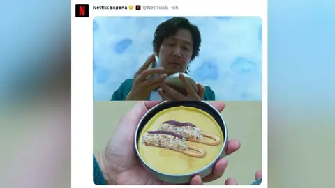 Fotomontaje compartido por 'Netflix Espa&ntilde;a' en el que el protagonista de 'El Juego del Calamar' abre una caja con dos marineras en su interior (foto: Netflix Espa&ntilde;a)
