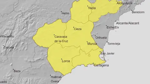 Aviso amarillo en toda la Regi&oacute;n de Murcia por intensas tormentas (foto: Aemet)