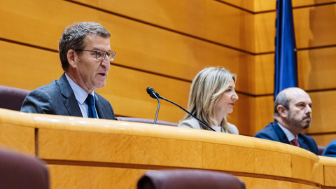 El presidente del Partido Popular, Alberto N&uacute;&ntilde;ez Feij&oacute;o (i), junto a la portavoz del PP en el Senado, Alicia Garc&iacute;a (c) y el presidente del Senado, Pedro Roll&aacute;n (d).