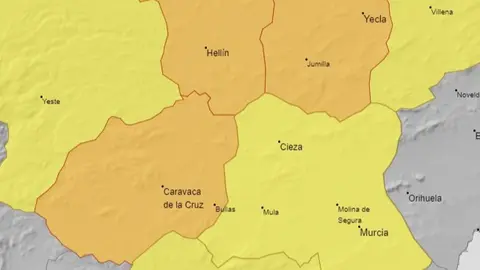 Imagen del mapa de las zonas a las que afectan los avisos meteorol&oacute;gicos (foto: AEMET)