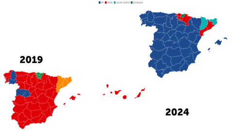 Mapa por provincias de las elecciones europeas de 2024 comparado con 2019