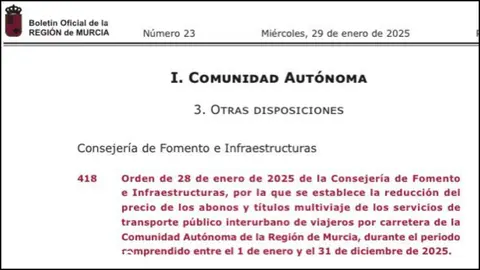 La prorroga el descuento del 20% en el bono de transporte interurbano del Gobierno regional, en el BORM (foto: BORM)