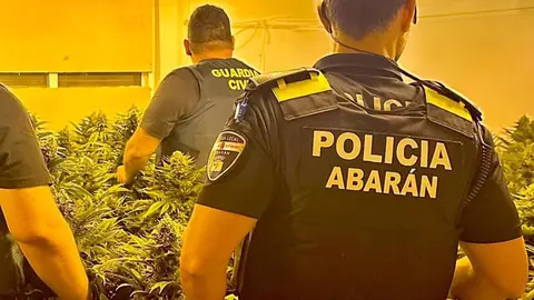 Agentes de la Guardia Civil y de la Polic&iacute;a Local de Abar&aacute;n, en el invernadero desmantelado (foto: GC)