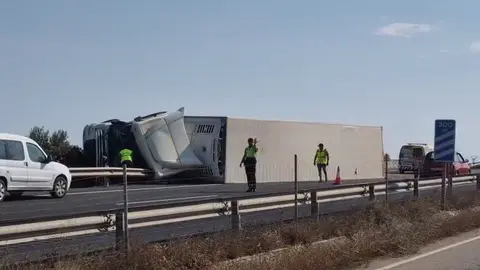 El cami&oacute;n volcado en la A-7 a la altura de La Hoya de Lorca (foto: La 7)