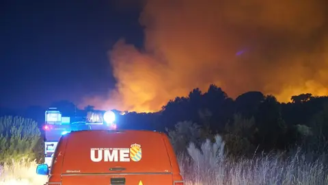 Efectivos de la Unidad Militar de Emergencia trabajan en las labores de extinci&oacute;n del fuego originado en la localidad toledana de M&eacute;ntrida (foto: EP)