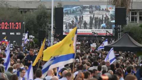 Retransmisi&oacute;n en directo de la liberaci&oacute;n de los rehenes en una plaza de Tel Aviv, Israel