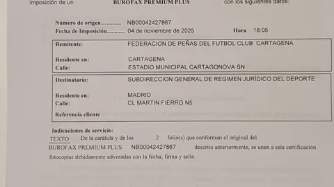 Burofax enviado por la Federaci&oacute;n de Pe&ntilde;as del FC Cartagena al Consejo Superior de Deportes (CSD) este martes 4 de noviembre de 2025 (foto: Federaci&oacute;n de Pe&ntilde;as del FC Cartagena)