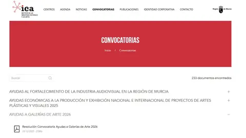 Imagen del apartado de convocatorias de la p&aacute;gina web del Instituto de las Industrias Culturales y las Artes