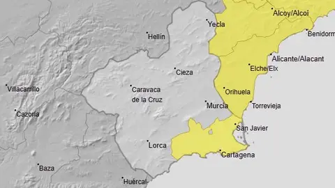 Aviso amarillo en el Campo de Cartagena para este martes 16 de diciembre (foto: Aemet)