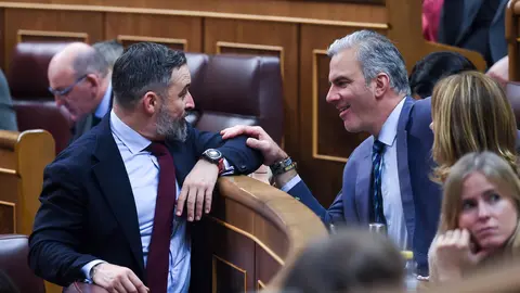 imagen de archivo del l&iacute;der de Vox, Santiago Abascal (i) y el portavoz del Grupo Municipal VOX, Javier Ortega Smith (d), conversan durante un pleno en el Congreso de los Diputados, a 29 de octubre de 2024 (foto: EP)