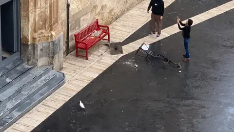 Se desprende una farola de la ESAD de Murcia y cae sobre un banco de la entrada (foto: X)