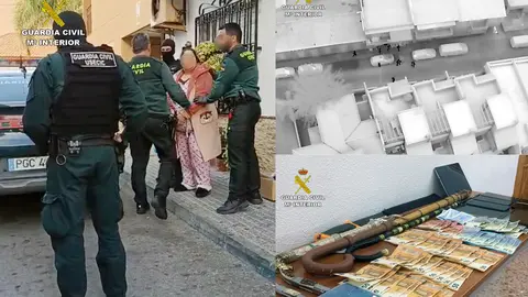 Im&aacute;genes de la Guardia Civil durante las detenciones, una fotograf&iacute;a a&eacute;rea nocturna y dinero en efectivo hallado por la Benem&eacute;rita (foto: GC)