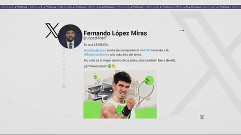 Felicitaci&oacute;n de Fernando L&oacute;pez Miras, presidente de la Regi&oacute;n, a Carlos Alcaraz tras ganar el Open de Australia (foto: La 7)