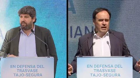El presidente de la Regi&oacute;n de Murcia, Fernando L&oacute;pez Miras (Izq.) y Juan Francisco P&eacute;rez Llorca, presidente de la Comunidad Valenciana (drcha.)