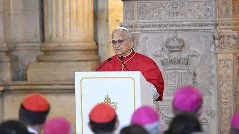 El papa Le&oacute;n XIV pronuncia un discurso durante su ceremonia de bienvenida en el Palacio Real (foto: EP)