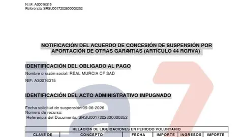 El Real Murcia recibe la suspensi&oacute;n de la deuda con la Agencia Tributaria