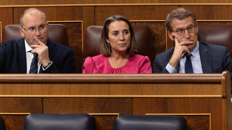 De izq. a der., el portavoz del PP en el Congreso, Miguel Tellado; la secretaria general del PP, Cuca Gamarra, y el presidente del Partido Popular, Alberto N&uacute;&ntilde;ez Feij&oacute;o, durante una sesi&oacute;n plenaria, en el Congreso de los Diputados (Foto: Eduardo Parra - Europa Press)