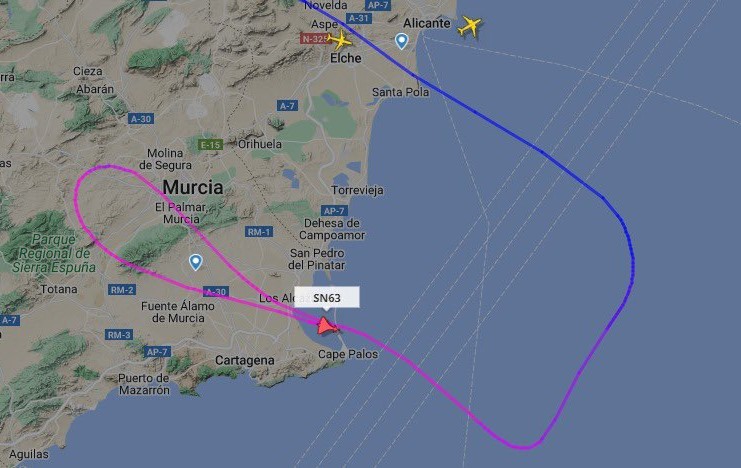 Trayectoria del avión estadounidense que ha sorprendido en Murcia y alrededores | FOTO: FLIGHTRADAR24
