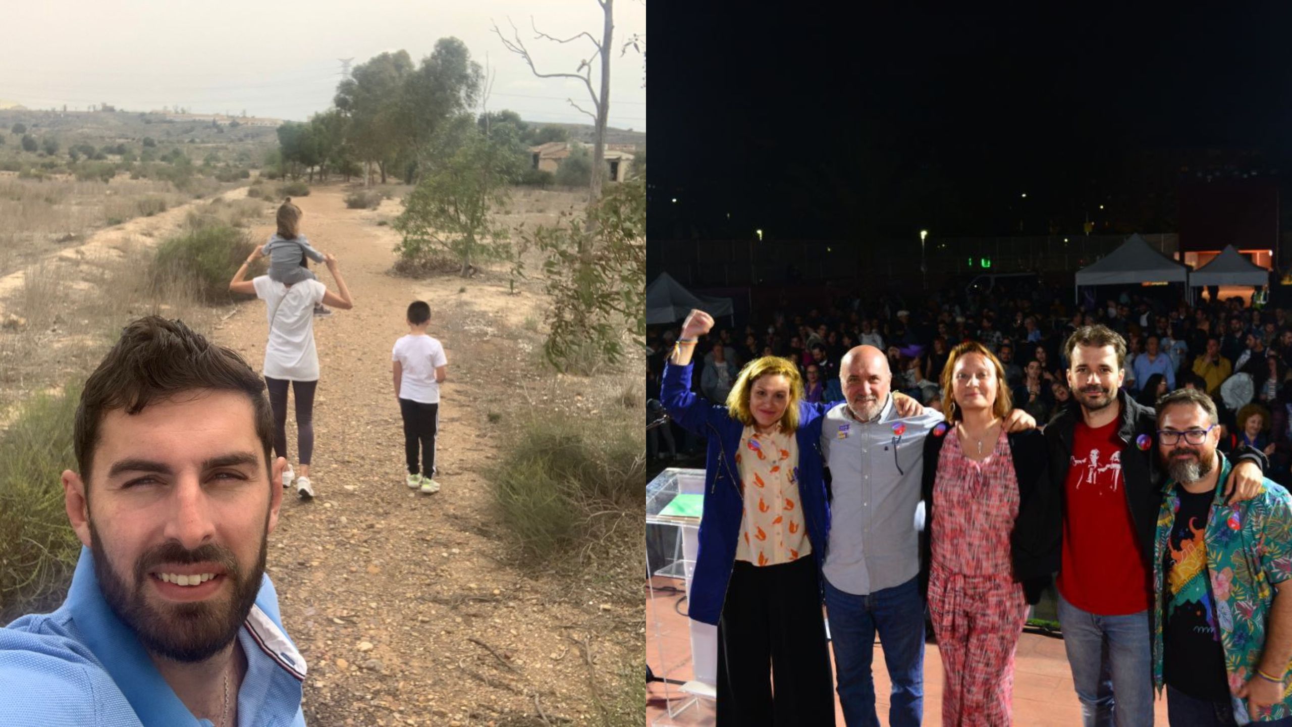 Izq.: José Ángel Antelo, este sábado, en el campo con su familia. Der.: acto de cierre de campaña de Podemos con María Marín (centro) junto a políticos de Podemos e IU