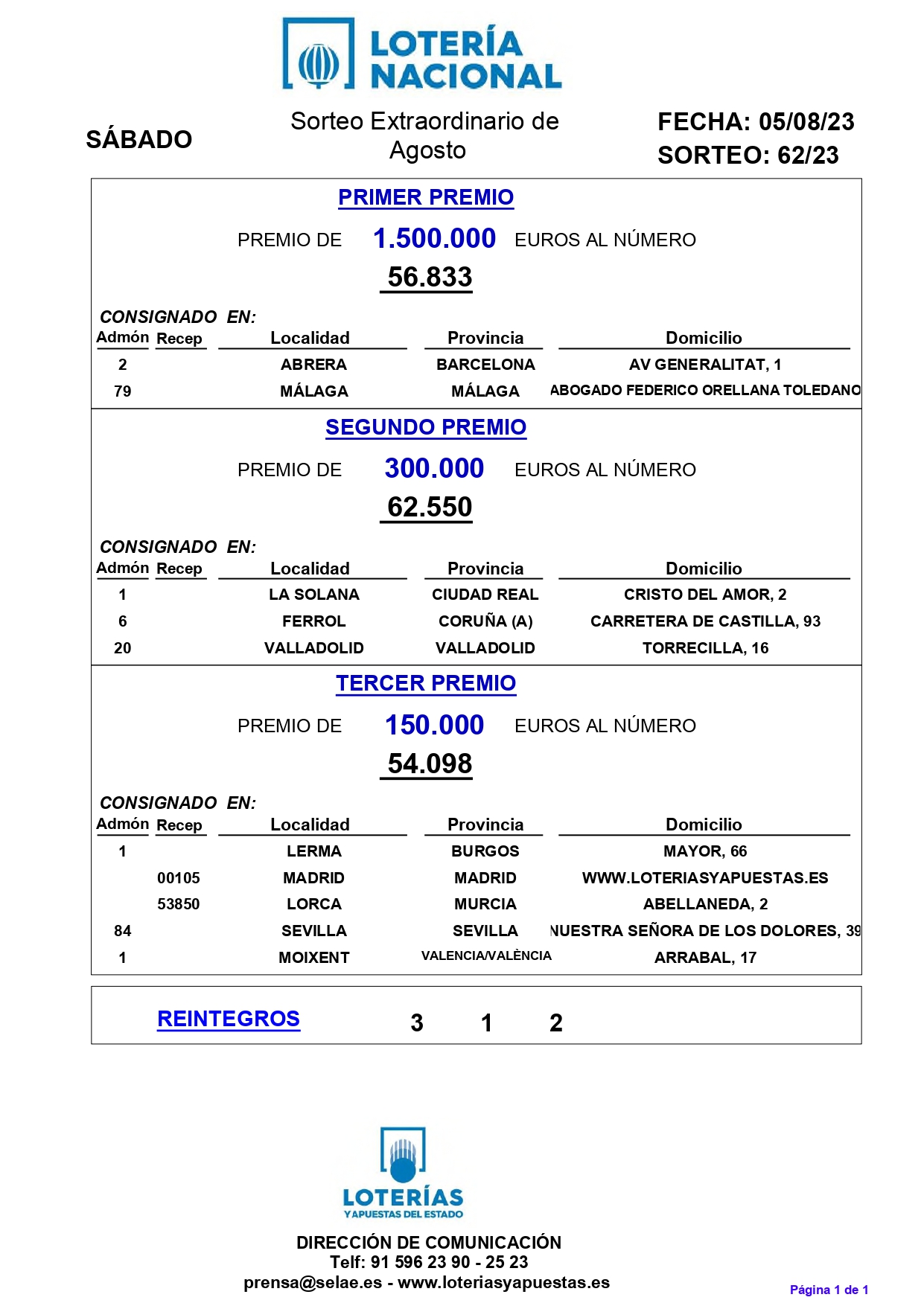 El resultado del sorteo y los premiados en el ‘Sorteo Extraordinario del 5 de Agosto de 2023’ (foto: SLAE)