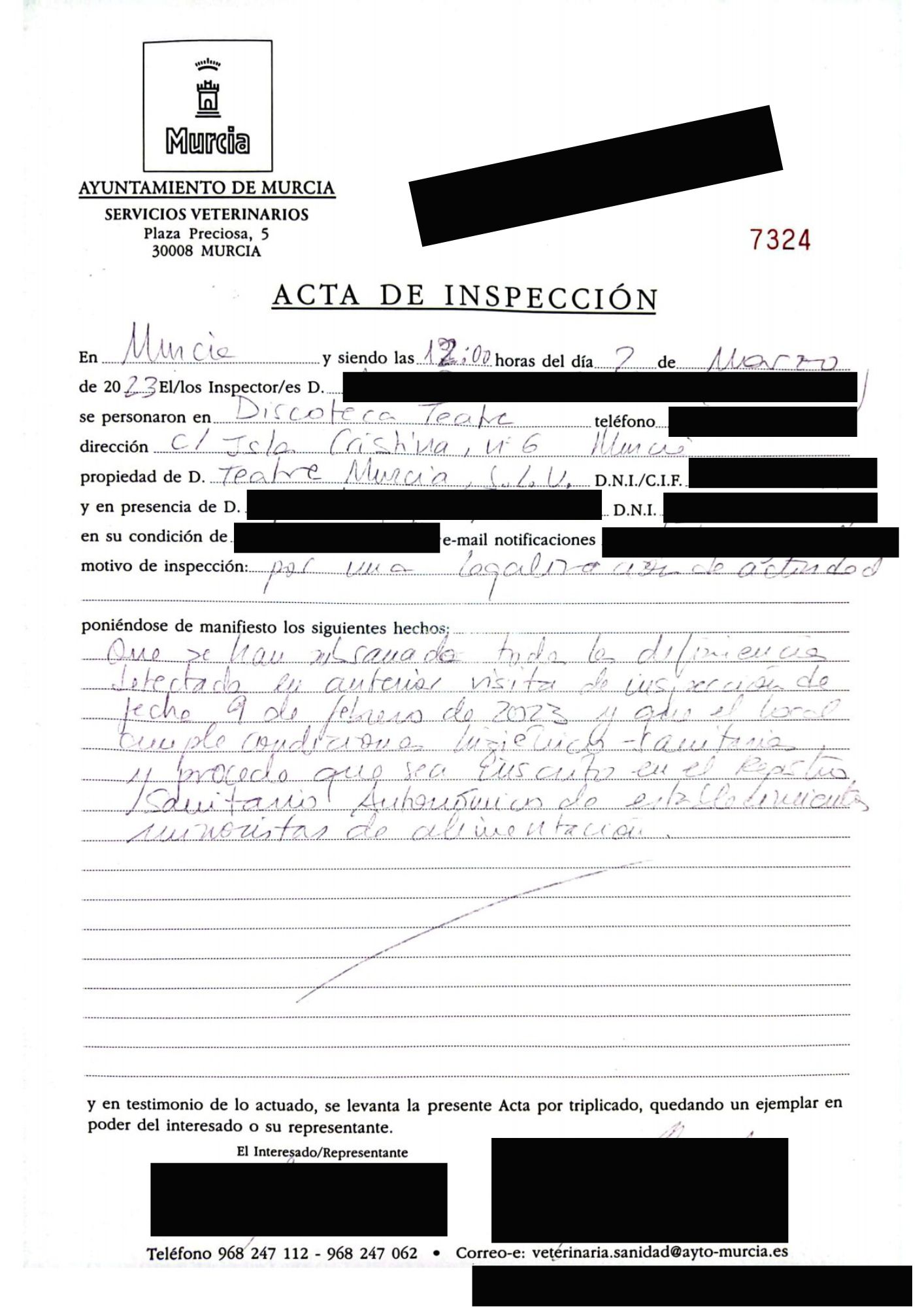 Documento de la inspección sanitaria del Ayuntamiento de Murcia con fecha de marzo de 2023 aportado por Teatre (foto: La 7)