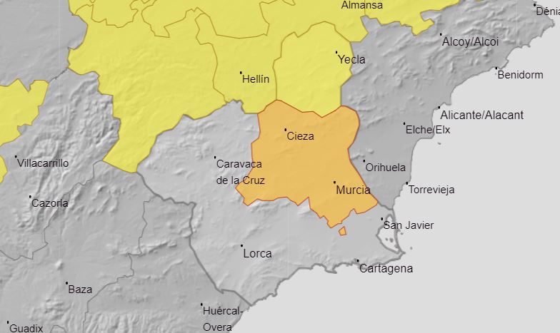 La Aemet emite un aviso amarillo para este miércoles en la comarca del Altiplano y otro para la Vega del Segura (foto: AEMET)
