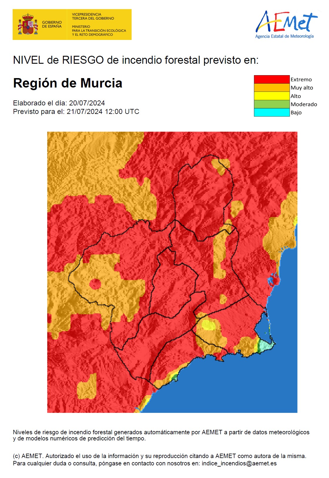 Algunas zonas de la Región con riesgo extremo de incendio forestal (foto: Aemet)
