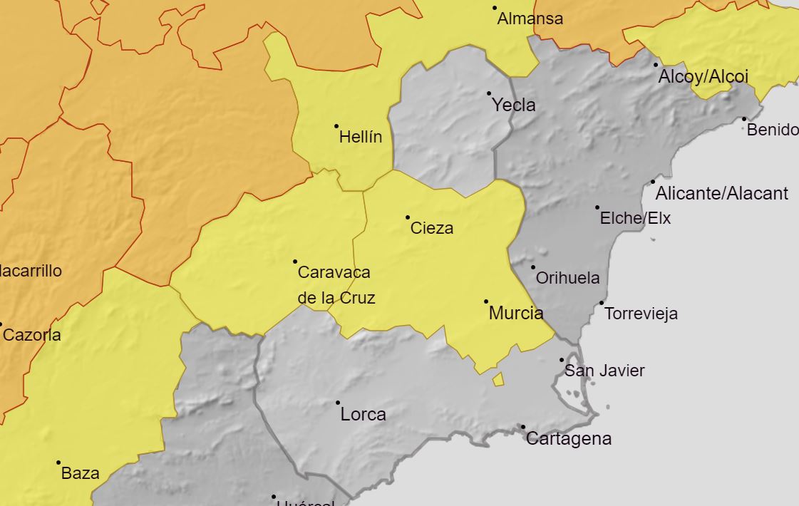Aviso amarillo en las comarcas del Noroeste y Vega del Segura para este miércoles 24 de julio (foto: Aemet)