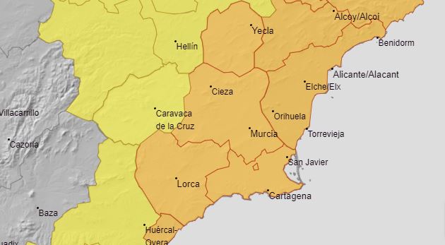 Aviso naranja en gran parte de la Región y aviso amarillo en la comarca del Noroeste para este miércoles (foto: Aemet)