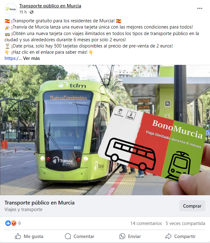 Post de Facebook con la publicidad fraudulenta