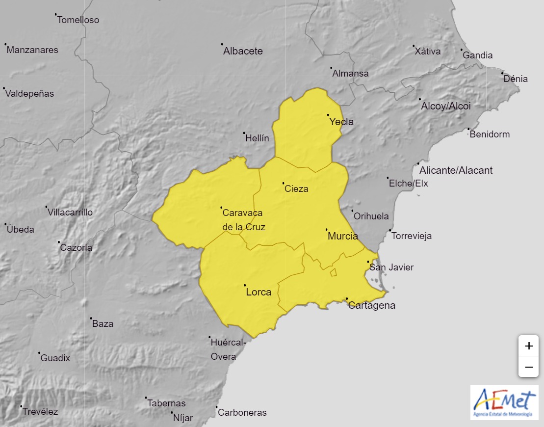 Aviso amarillo en toda la Región de Murcia (foto: Aemet)