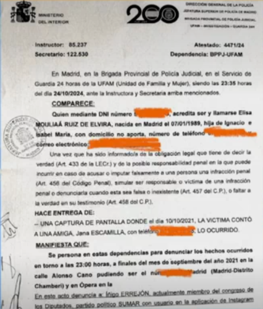 Denuncia presentada a por la actriz Elisa Mouliáa contra Errejón ante la Policía Nacional (foto: Agencias)
