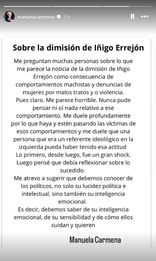 Manuela Carmena a través de sus historias de Instagram
