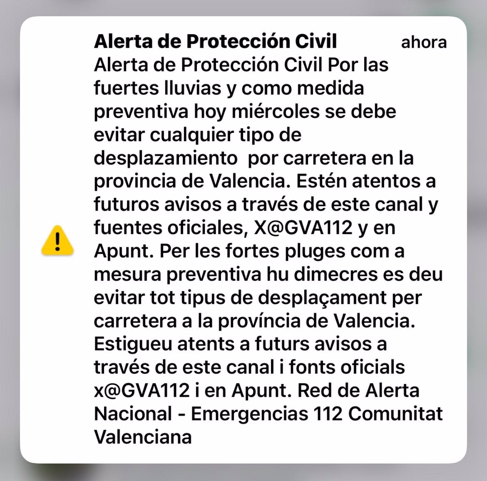 Emergencias lanza una alerta móvil de protección civil por lluvias y pide evitar desplazamientos en Valencia (foto: Emergencias)
