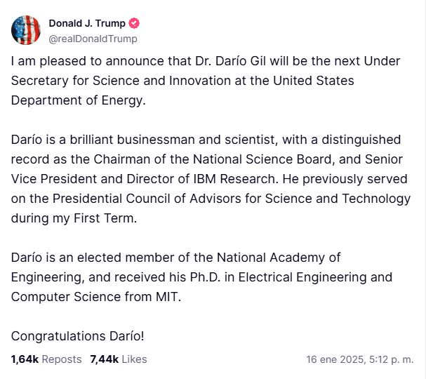 Anuncio de Trump en su red social, Truth Social