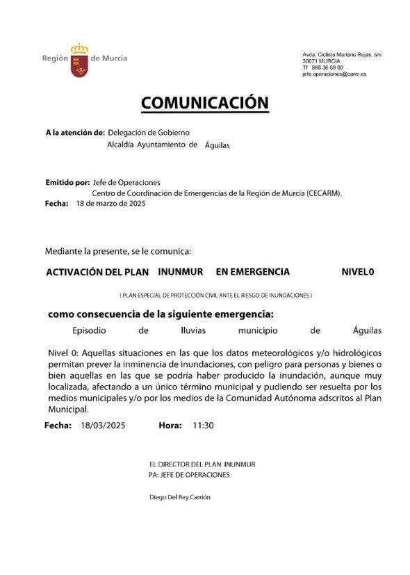 Plan INUNMUR activado en Águilas