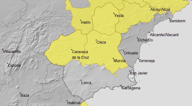 Aviso amarillo en tres comarcas de la Región (foto: Aemet)